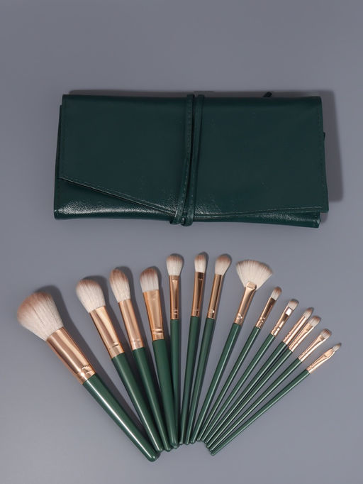 Набор кистей для макияжа Lillian, 14 предметов, футляр на завязках, зелёный, серый