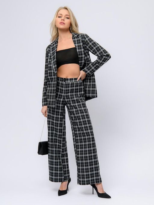 Жакет черный в мелкую клетку удлиненный с отложным воротником - 1001dress фото 15