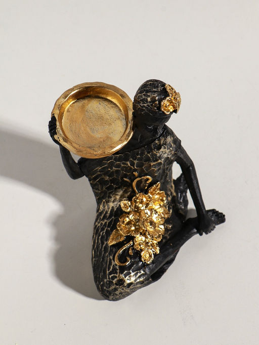 Фигурка - подсвечник на 1 свечу «Африканка в чёрном платье с цветами с золотом», полистоун, d=4.5 см, 11×13×16 см