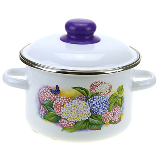 "Сирень" Кастрюля эмалированная 2л, д18см, h11,5см, цилиндрическая форма, металлическая крышка с пластмассовой ручкой-кнопкой, ободок из нержавеющей стали, глубокая, белый (Россия)