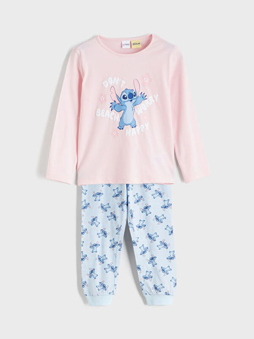 Stitch Bask?l? K?z ?ocuk Penye Pijama Tak?m?