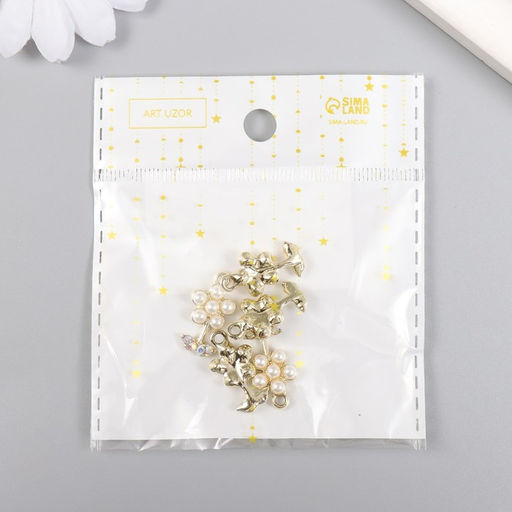 Цена за 5 шт. Декор для творчества металл, стразы Цветочек жемчужный с листиками, золото, 1.1?2 см