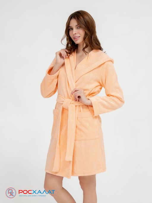 Махровый женский укороченный халат с капюшоном Персиковый МЗ-01 (32)