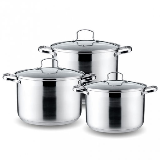 Набор посуды из нержавеющей стали "Kelli" 4 предмета: кастрюля 5л - д22см, 6,6л - д24см, 8л - 26см, стеклянная крышка, пароотвод, клепаные ручки, 5-ти слойное капсульное дно, цветная коробка (Китай) Подходит для всех видов плит, включая индукционную.