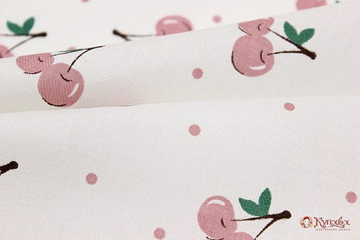 Плательный хлопок Вишенки с горошком на белом цв.пыльно-розовый, ш.1.45м, хлопок-100%, 115гр/м.кв - Купава фото 5