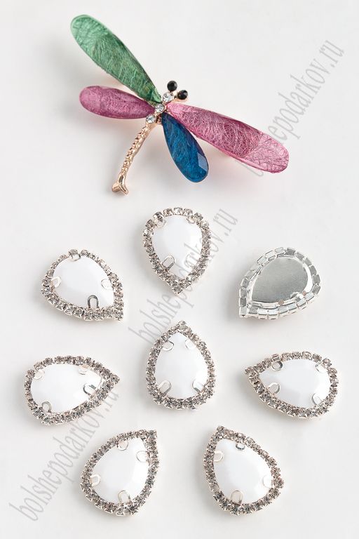 Стразы пришивные в серебряной оправе 17*23 мм Капля (5 шт) SF-2052, белый №26