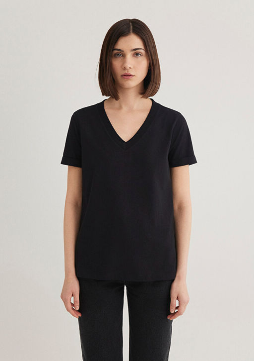 V Yaka Siyah Basic Tisort - Mavi фото 3