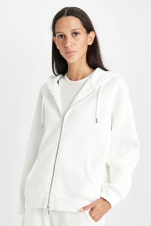 Relax Fit Kapusonlu Cepli Basic Duz Fermuarl? Sweatshirt