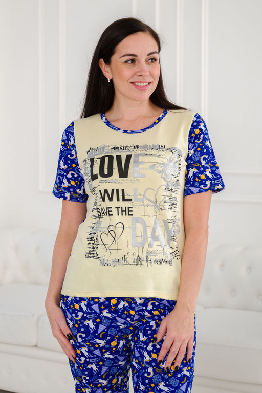 Пижама женская домашний интерлок из футболки и бридж LOVE единорог на синем