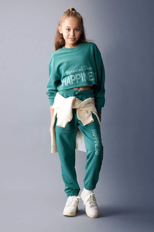 Укороченный свитшот с принтом для девочек с круглым вырезом - Defacto фото 2