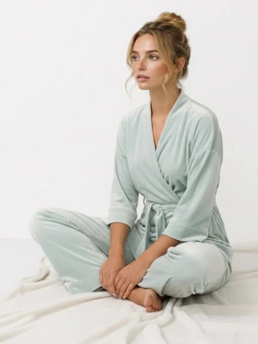 Пижама Кимоно+брюки из велюра OD-836-2 серо-зеленый