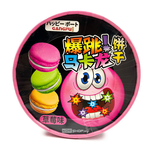 Печенье-сэндвич макарон с клубничным вкусом и взрывной карамелью Gang-fu, Китай, 80 г ведро