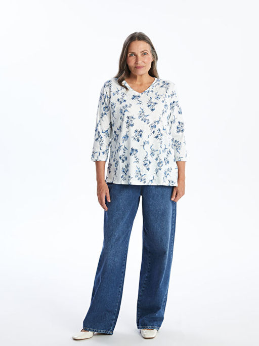 V Yaka Desenli Kad?n Bluz