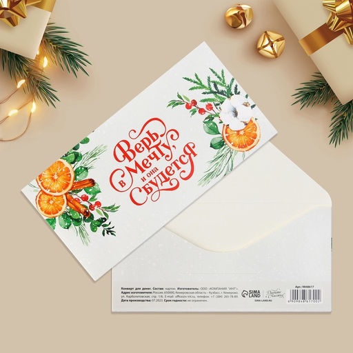 Цена за 10 шт. Конверт для денег «Новый год: Верь в мечту и она сбудется», 16.5×8 см