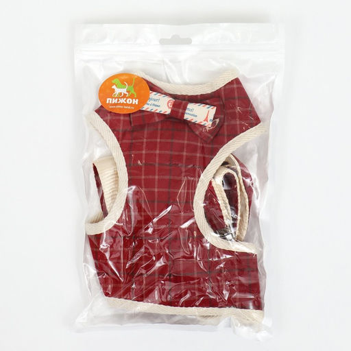 Комплект с мягкой шлейкой Клетки, размер M, поводок, 120 х 1,5 см, ОГ 34-66 см, красный - Пижон фото 10