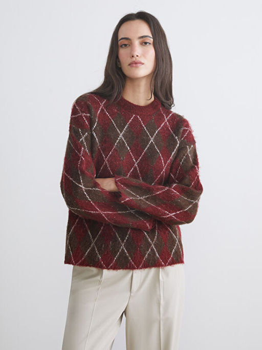 Bisiklet Yaka Baklava Desenli Kad?n Triko Kazak