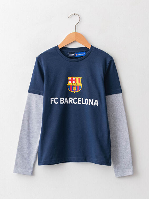 Bisiklet Yaka Barcelona Bask?l? Uzun Kollu Erkek ?ocuk Ti??rt - Waikiki фото 2