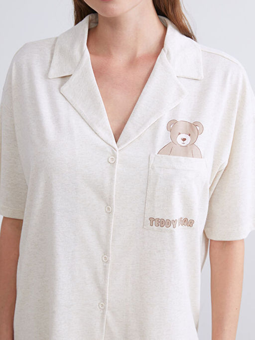 G?mlek Yaka Ay? Bask?l? Kad?n Pijama Tak?m?