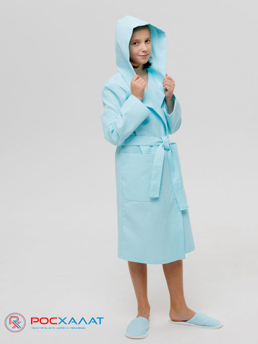 Подростковый вафельный халат с капюшоном мятный В-18 (19)
