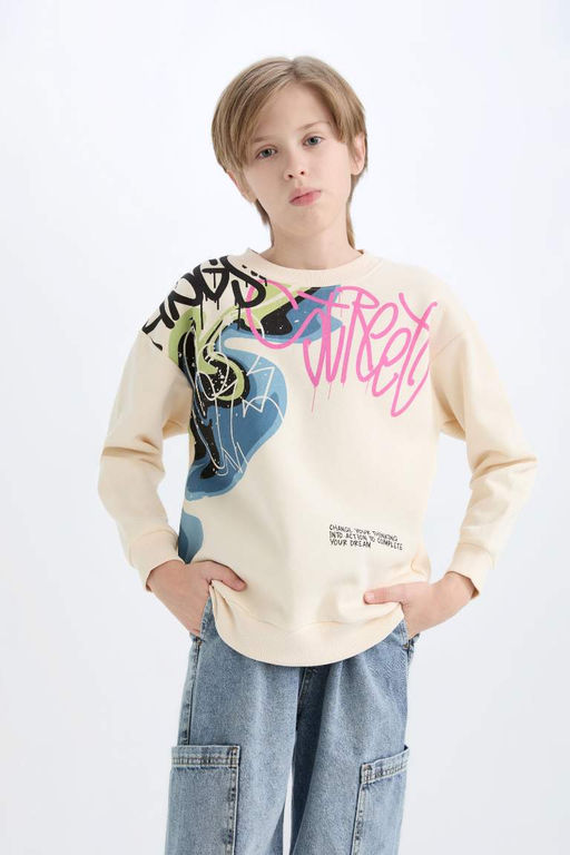 Толстовка оверсайз с широким вырезом и принтом для мальчиков - Defacto фото 3