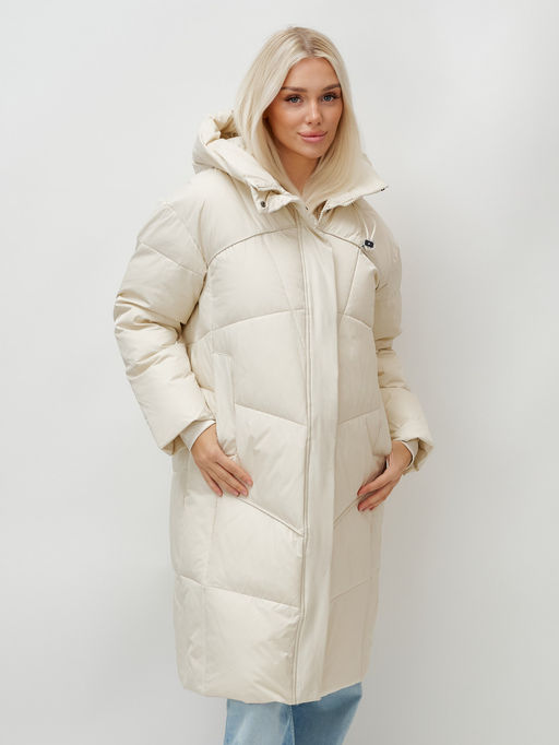 Пальто летучая мышь женское с капюшоном зимнее бежевого цвета 9616B