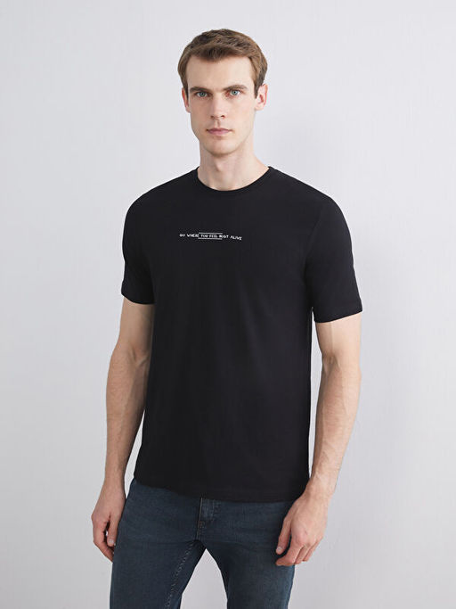 Bisiklet Yaka Bask?l? Penye Erkek Ti??rt