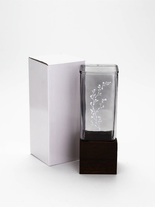 Ваза для цветов стеклянная с деревянной подставкой из темного стекла, 25 х 9 см