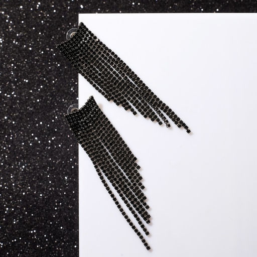 Серьги висячие со стразами Водопад, 8 см, чёрные в серебре