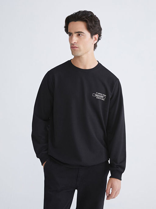 Bisiklet Yaka Bask?l? Erkek Sweatshirt