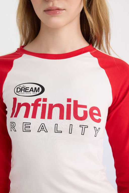 Приталенная футболка приталенного кроя с круглым вырезом и длинными рукавами с принтом - Defacto фото 5