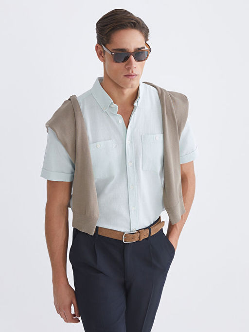 Regular Fit K?sa Kollu Erkek Dokulu G?mlek