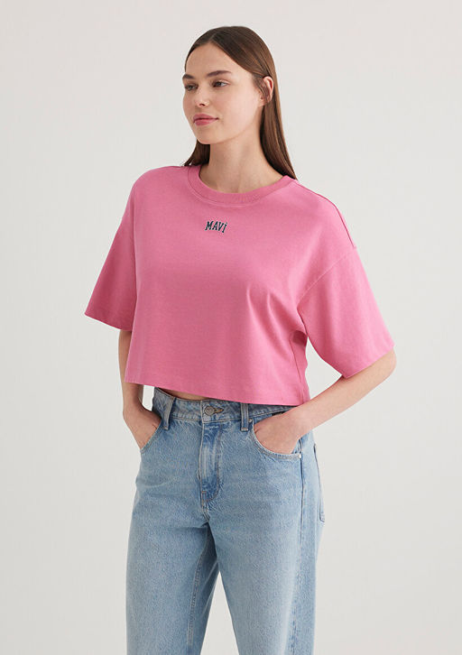 Mavi Logo Bask?l? Pembe Crop Tisort  фото 2