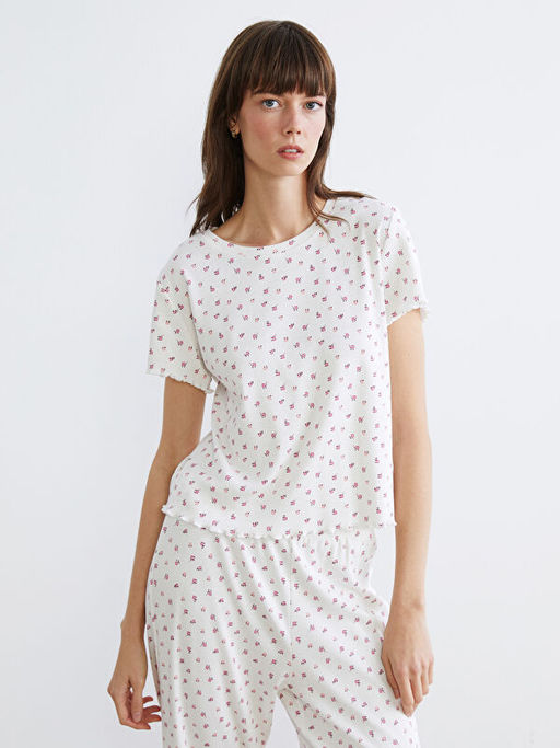 Bisiklet Yaka ?i?ekli Kad?n Pijama Tak?m?