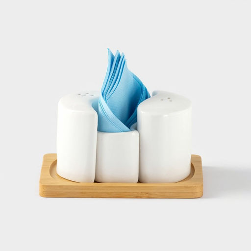 Набор керамический для специй на деревянной подставке BellaTenero, 3 предмета: солонка 70 мл, перечница 70 мл, салфетница, белый  фото 4