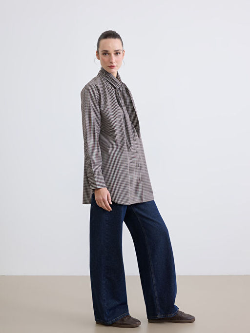 Bebe Yaka Ekose Oversize Kad?n G?mlek Tunik