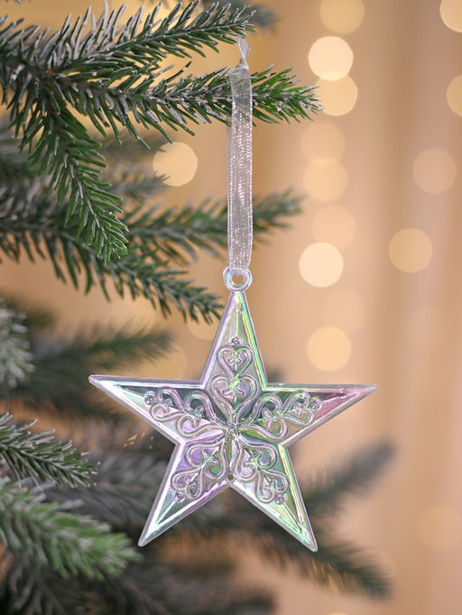 Цена за 4 шт. Ёлочная игрушка Зимнее волшебство. Звезда кружевная, 99 см, прозрачный перелив фото 7