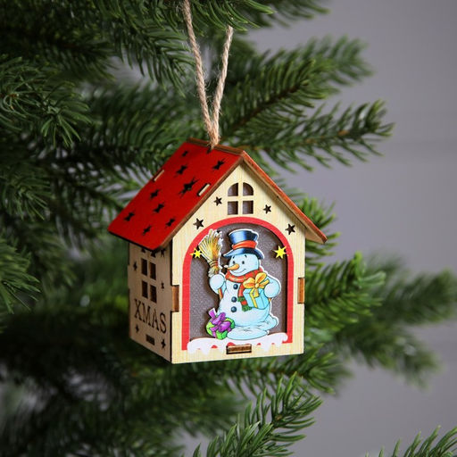 Ёлочная игрушка Домик со снеговиком, 8х7х6 см, 1 LED, от батареек, свечение тёплое белое - Luazon lighting фото 2