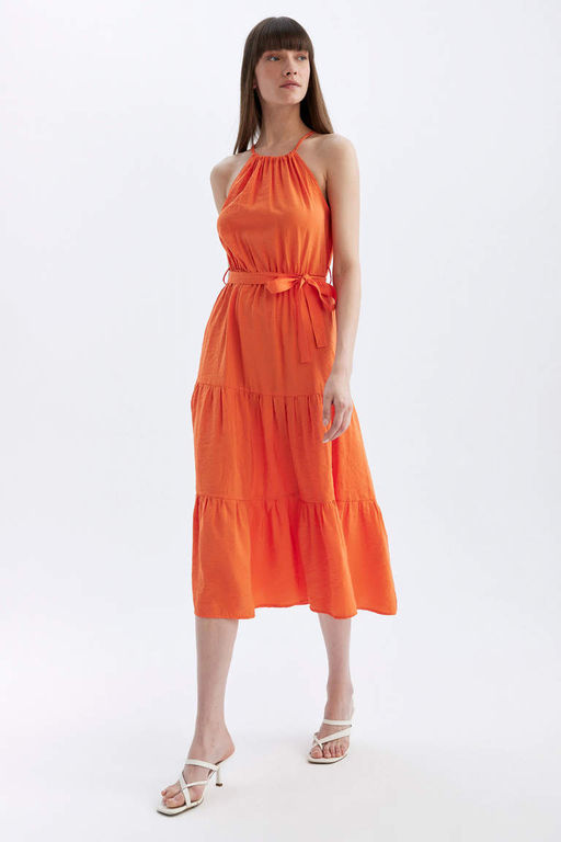 Платье миди без рукавов с воротником-халтер и поясом - Defacto фото 2