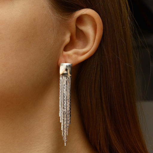 Серьги висячие Голливуд квадрат и нити, цвет серебро, 6,5см - Queen fair фото 5