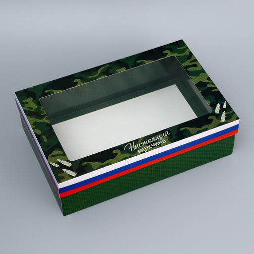 Цена за 5 шт. Коробка складная, крышка-дно, 23 Февраля, 30?20?9 см с окном