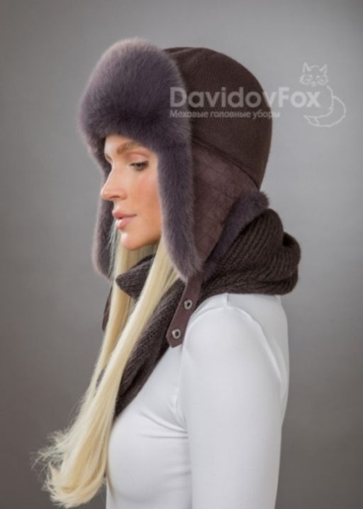 Комплект ушанка трикотаж экомех браун косынка