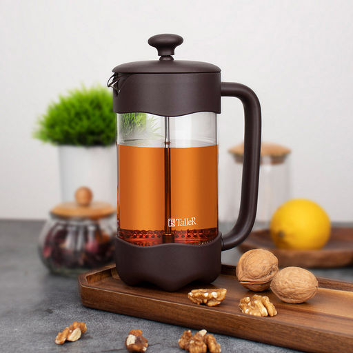 Френч-пресс пластмассовый корпус "Lucas" 1л, колба из боросиликатного стекла s2мм, пресс-фильтр из нержавеющей стали s0,3мм, дополнительный фильтр (сеточка) от чаинок, цветная коробка, "TalleR" (Китай)