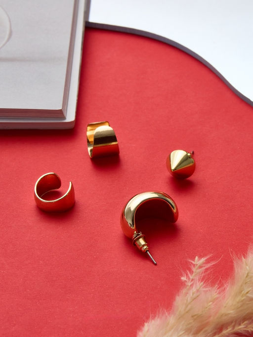 Серьги и кафф QF Объёмные фигуры, набор 4 шт. цвет золото  фото 4