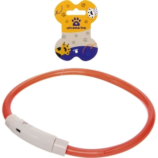 Ошейник неоновый для собак средних пород "Защита Бро", цвет красный, зарядка от USB, шнур в комплекте, размер M - d 50см (пакет с подвесом)