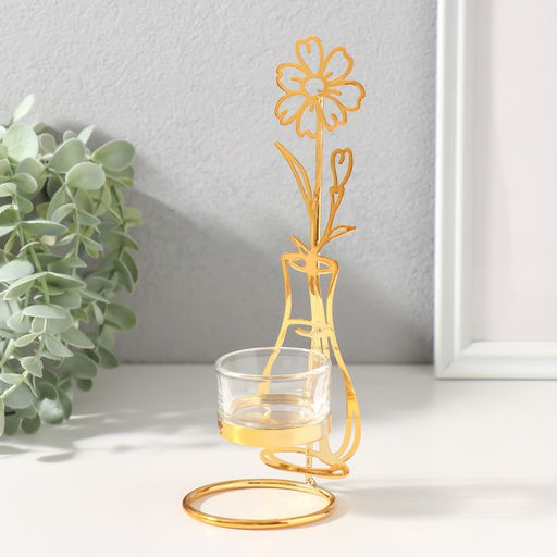 Подсвечник на 1 свечу металл, стекло «Цветок в вазе», золото, d=4.5 см, 7.4×7.5×21 см