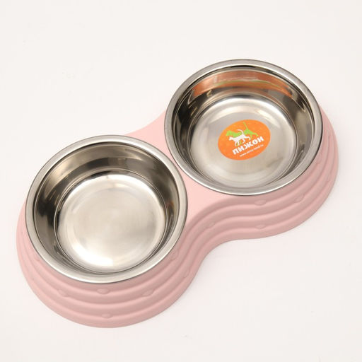 Миска металлическая двойная на пластиковом основании 2 х 160 мл, 25 х 14 х 5 см, розовая - Пижон фото 3