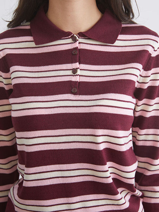 Polo Yaka ?izgili Kad?n Triko Kazak