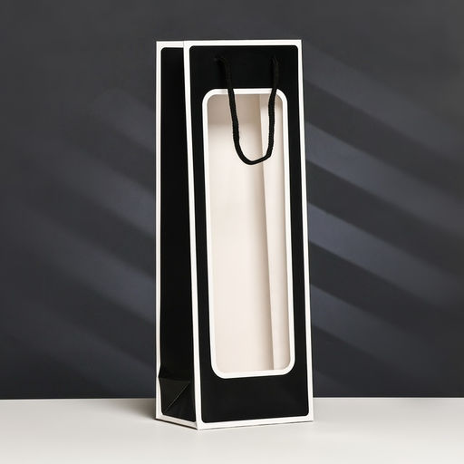 Цена за 12 шт. Пакет подарочный под бутылку с PVC окном 12.5?8.5?36 см, чёрный с белой каймой