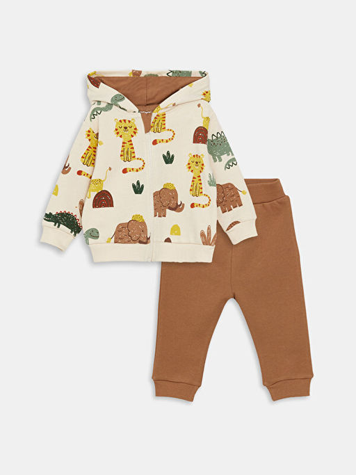 Kap??onlu Uzun Kollu Bask?l? Erkek Bebek 2li Tak?m