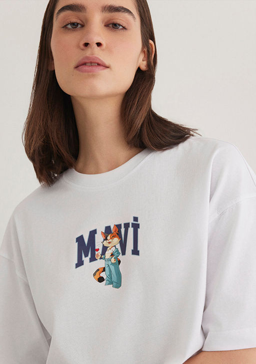 Kedi Logo Bask?l? Beyaz Tisort - Mavi фото 3